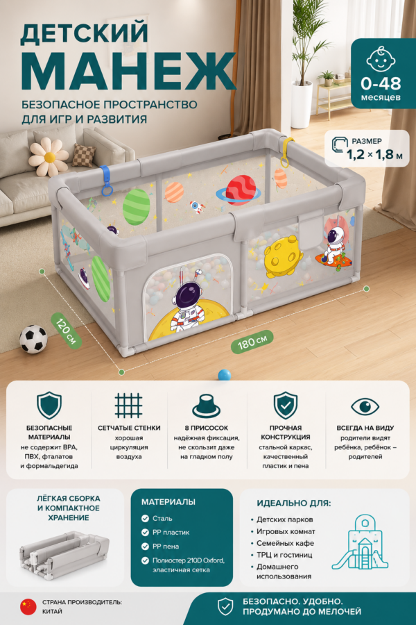 Детское ограждение (манеж),1,2*1,8м
