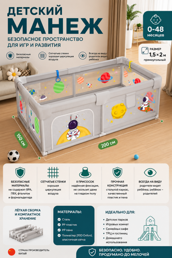 Детское ограждение (манеж),1,5*2м